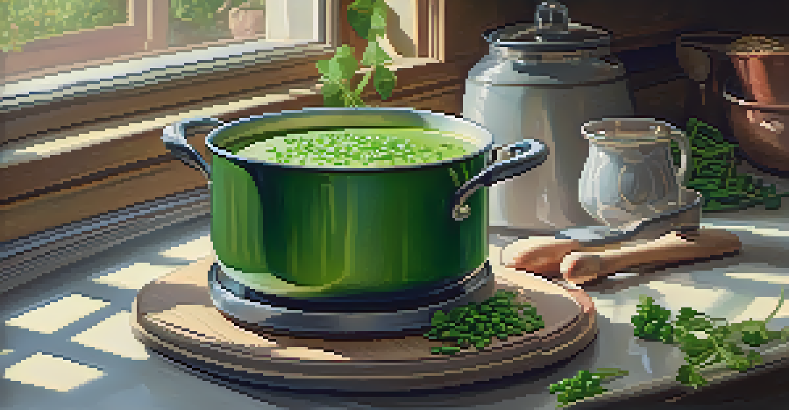A pot of green pea soup simmering on the stove, with fresh mint on top and a cutting board in the background.
