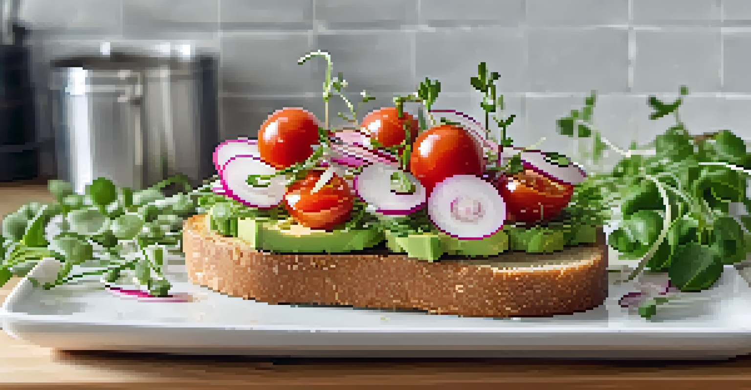 A close-up of avocado toast topped with cherry tomatoes and radish slices on a white plate, with a wooden kitchen countertop in the background.