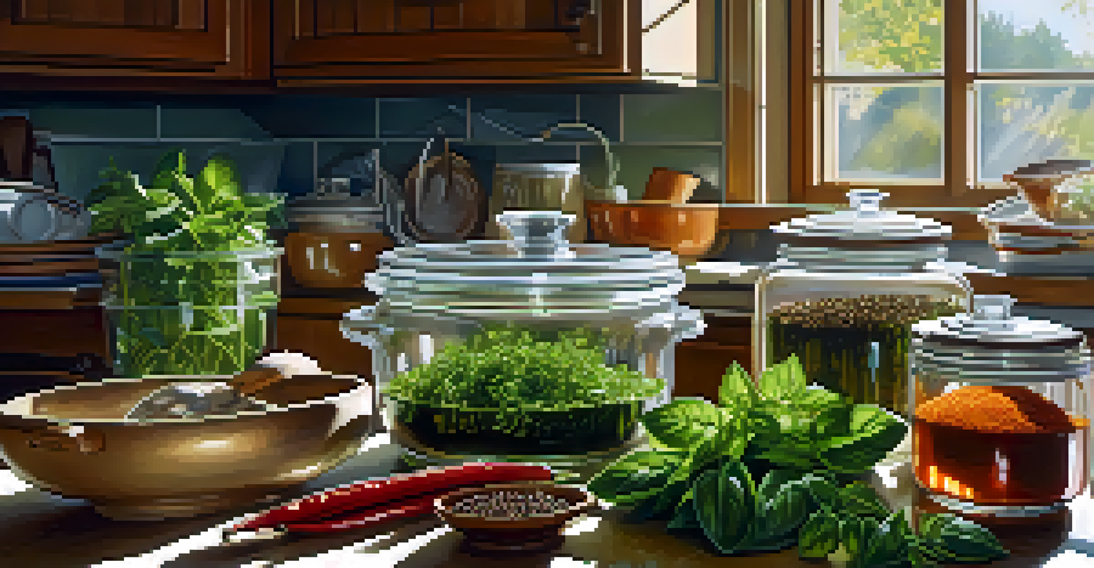 A warm kitchen where a cook is experimenting with herbs and spices, with sunlight streaming through the window.