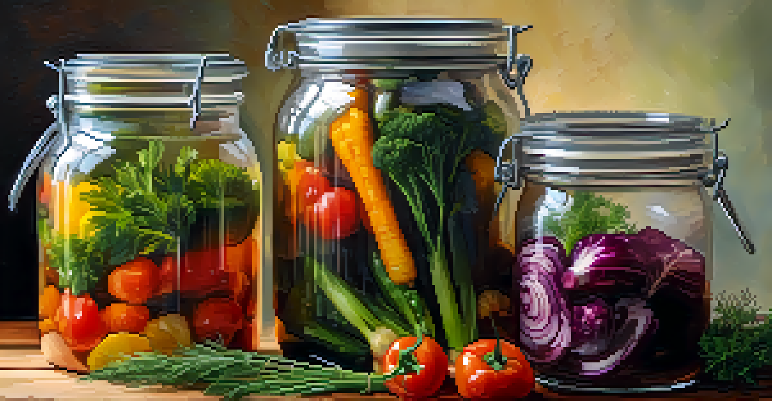 An overhead view of a glass fermentation jar filled with colorful vegetables and herbs, against a rustic wooden background.