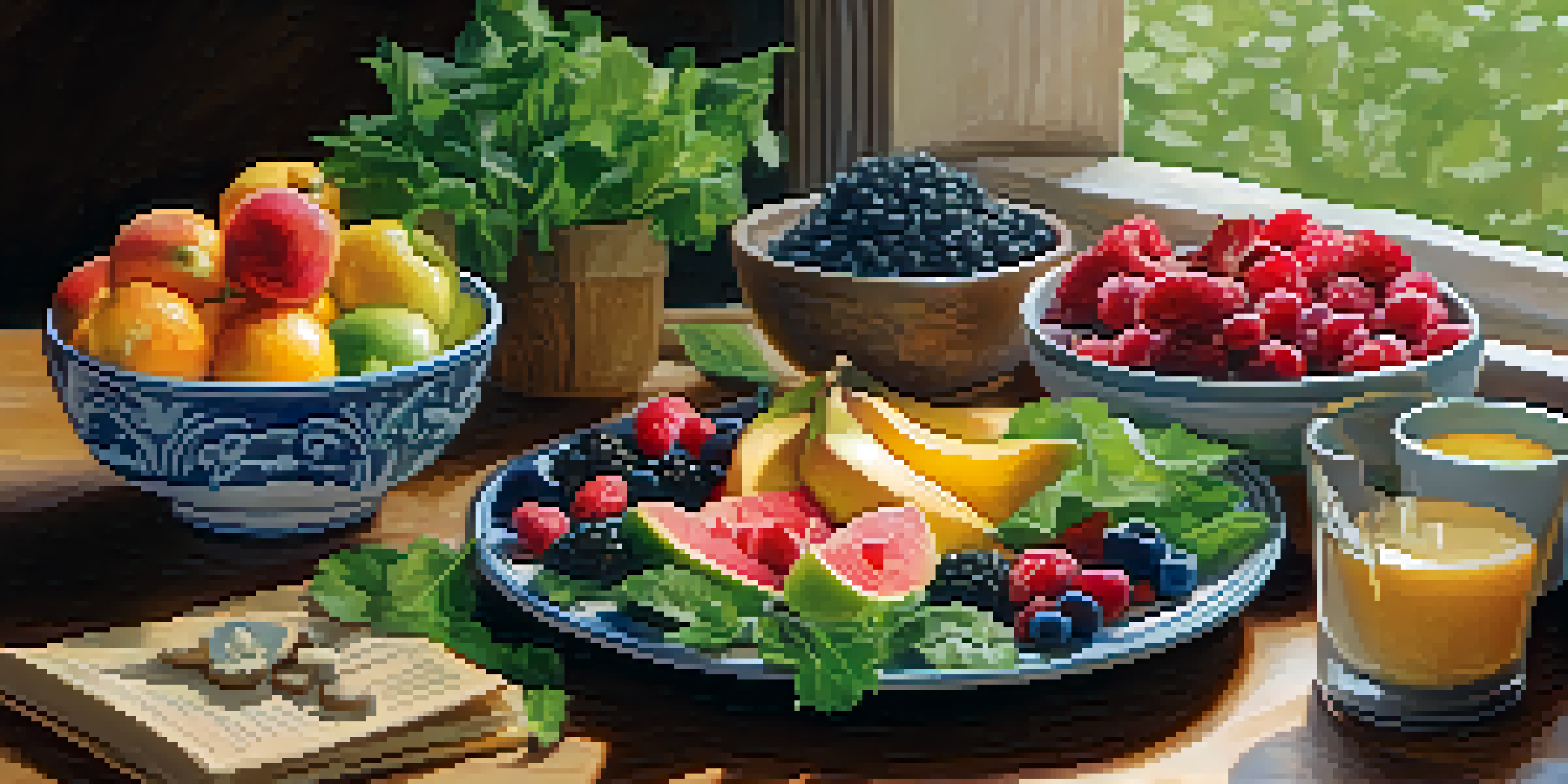 A colorful and fresh raw vegetarian meal presented on a wooden table, showcasing fruits, leafy greens, nuts, and seeds in bright natural light.