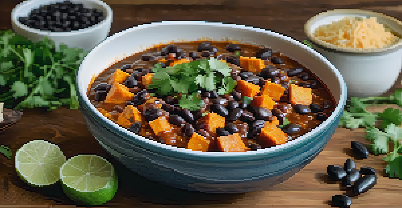A bowl of sweet potato and black bean chili garnished with cilantro, surrounded by fresh ingredients.