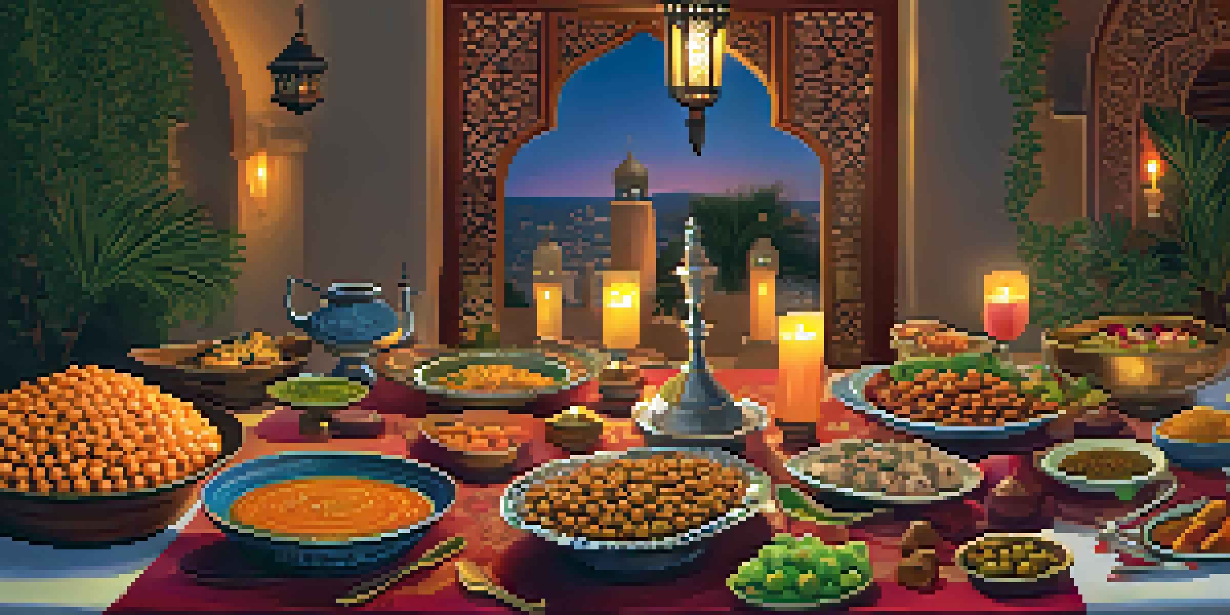 An iftar table during Ramadan with various vegetarian dishes, decorative lanterns, and warm candlelight.