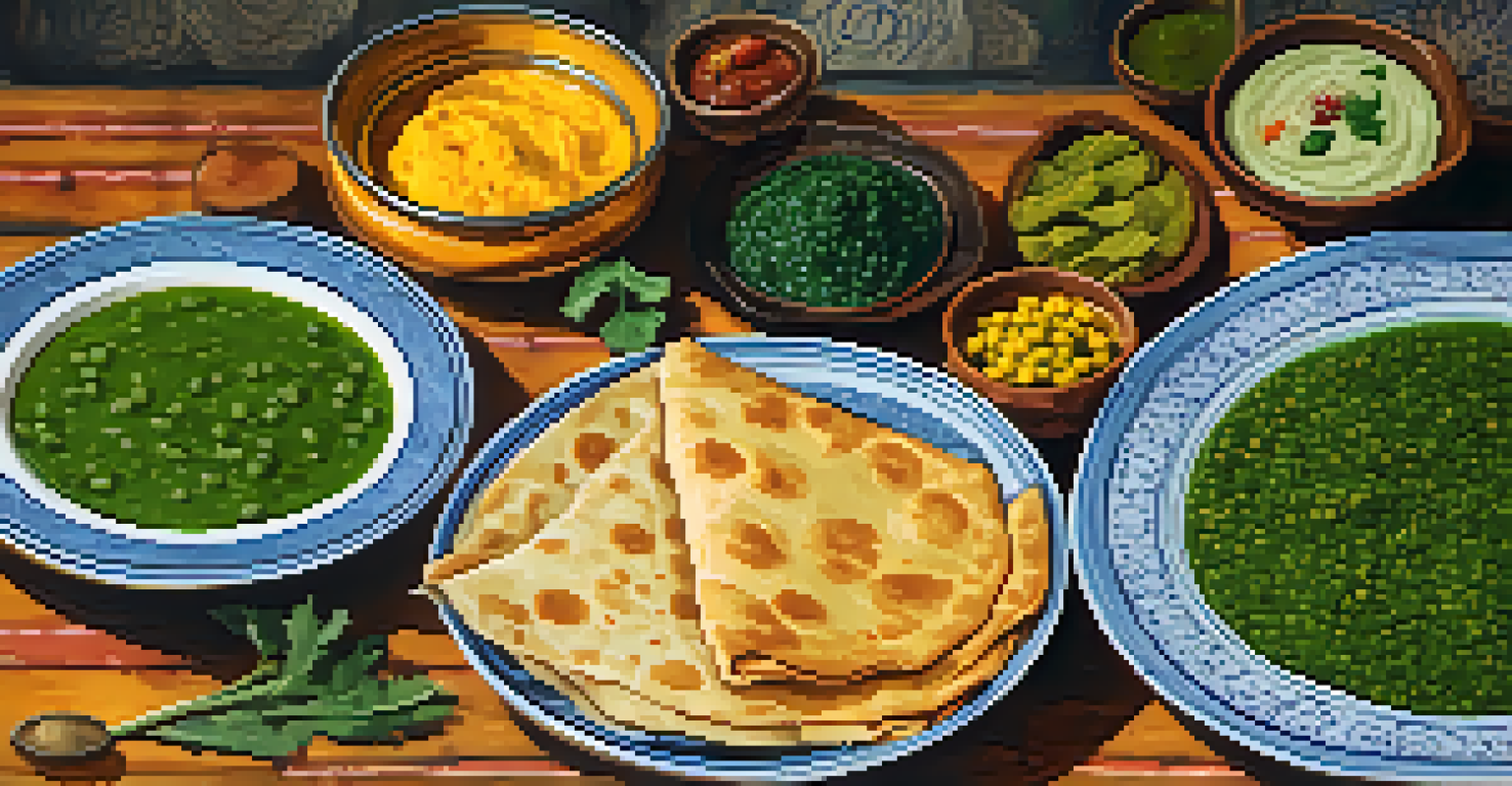 A plate of Sarson da Saag and Makki di Roti on a rustic wooden table, showcasing vibrant colors and traditional textiles.