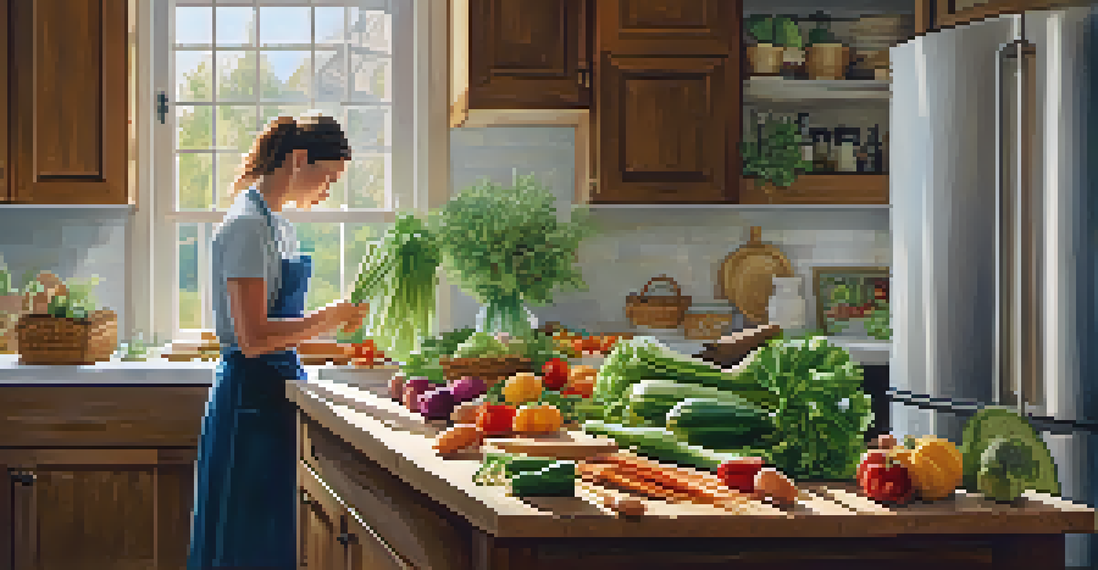 A serene kitchen scene with a person chopping seasonal vegetables on a wooden cutting board, surrounded by fresh produce in a bright, cozy environment.