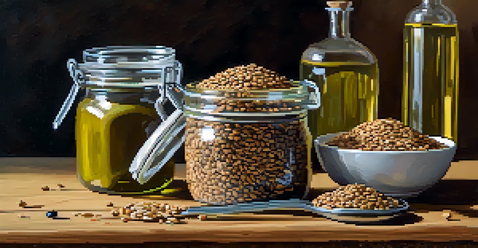 A rustic display of flaxseeds, chia seeds, walnuts, and a jar of olive oil on a wooden surface, illuminated by warm lighting.