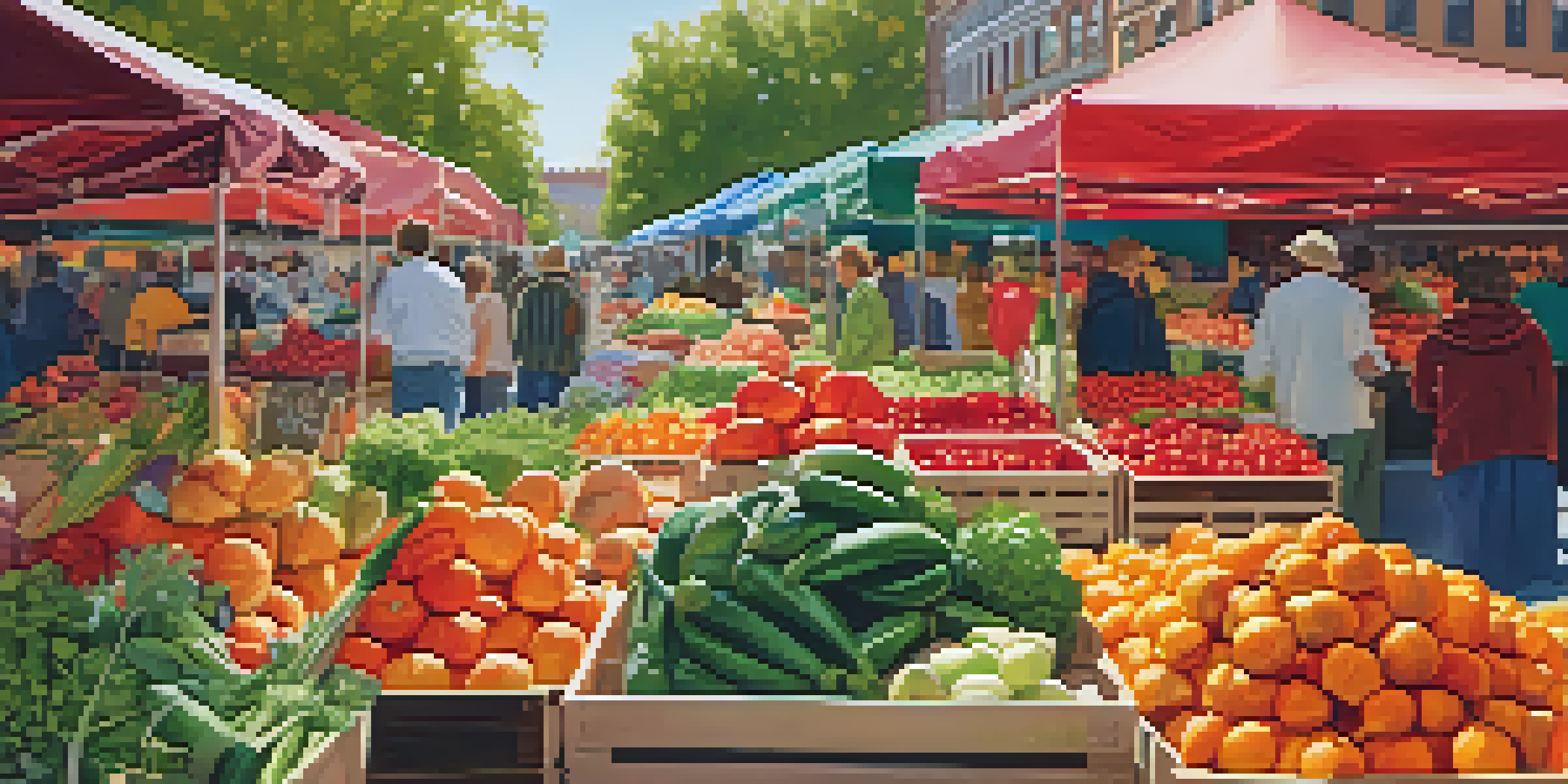 A lively farmer's market filled with fresh, colorful vegetables and fruits, with people engaging in shopping under warm sunlight.