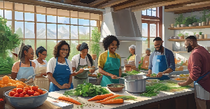 A diverse group of individuals participating in a cooking class, surrounded by fresh vegetables and a bright, inviting space.