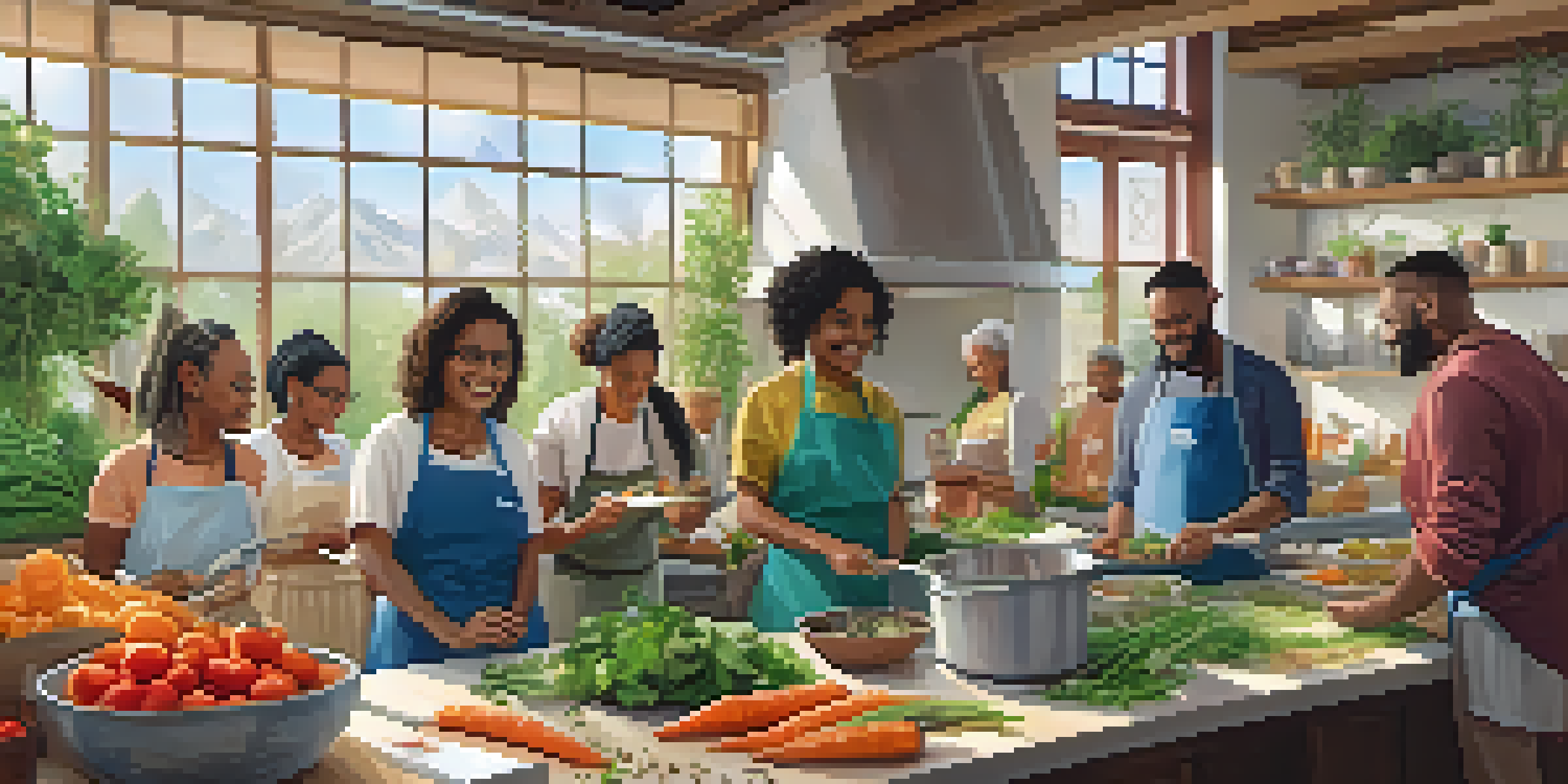A diverse group of individuals participating in a cooking class, surrounded by fresh vegetables and a bright, inviting space.