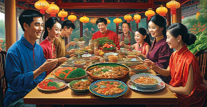 A traditional Chinese family celebrating a festival with a colorful table of vegetarian dishes, showcasing a warm and inviting atmosphere.