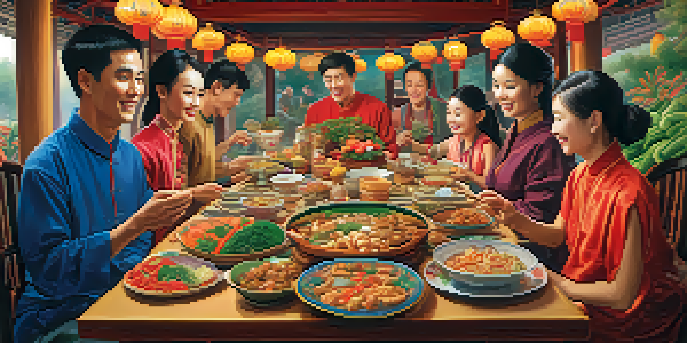 A traditional Chinese family celebrating a festival with a colorful table of vegetarian dishes, showcasing a warm and inviting atmosphere.