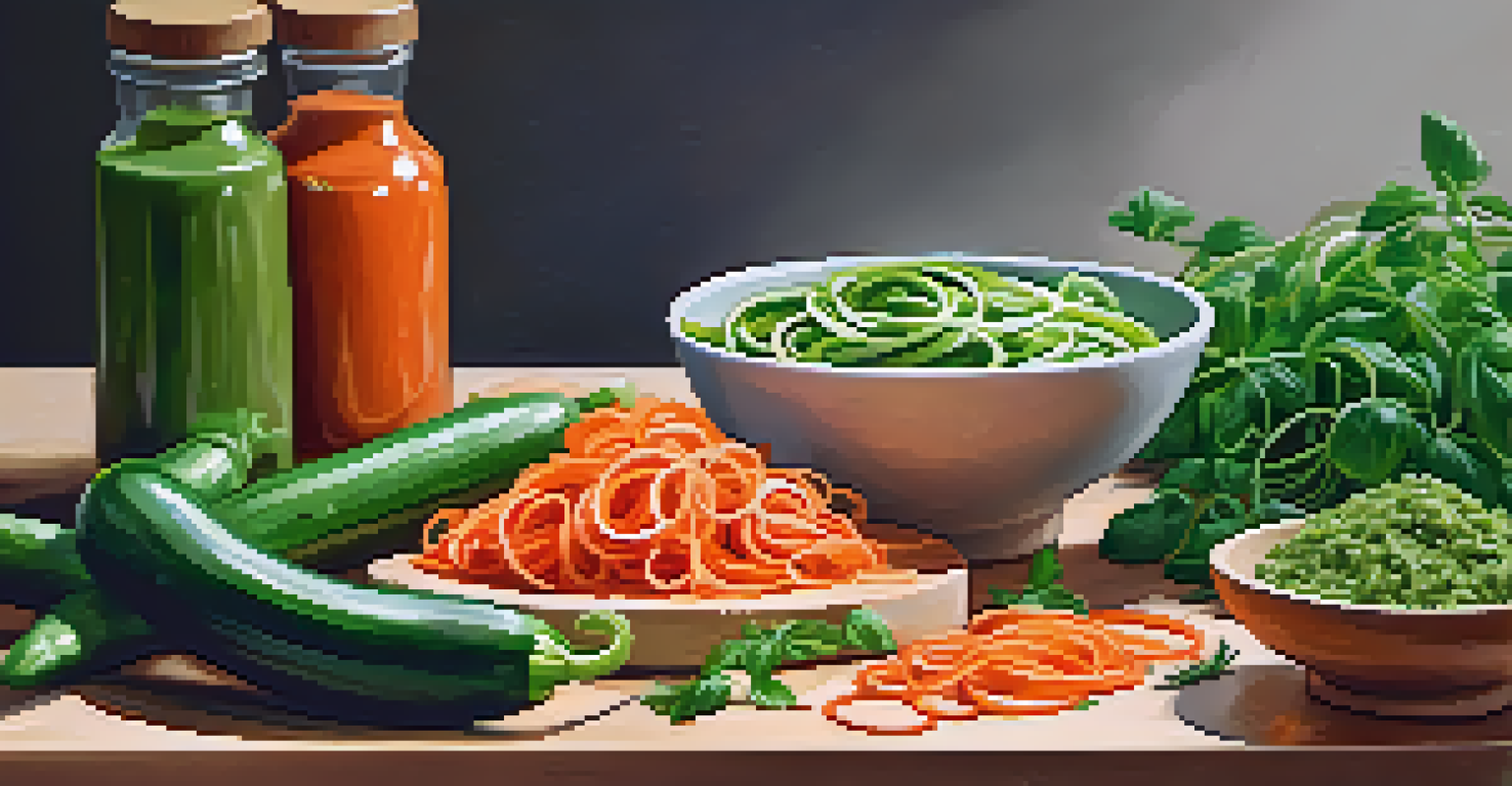 A close-up of a spiralizer with colorful spiralized vegetables and pesto sauce, showcasing a fun and creative cooking process.