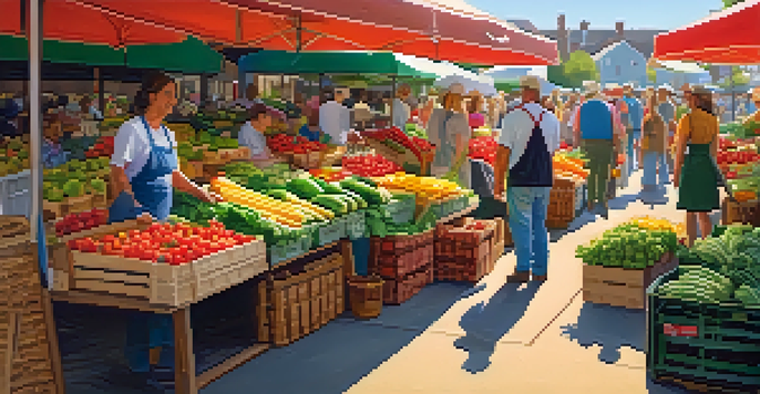 A lively farmer's market with colorful fruits and vegetables, including strawberries, leafy greens, and corn, under warm sunlight.