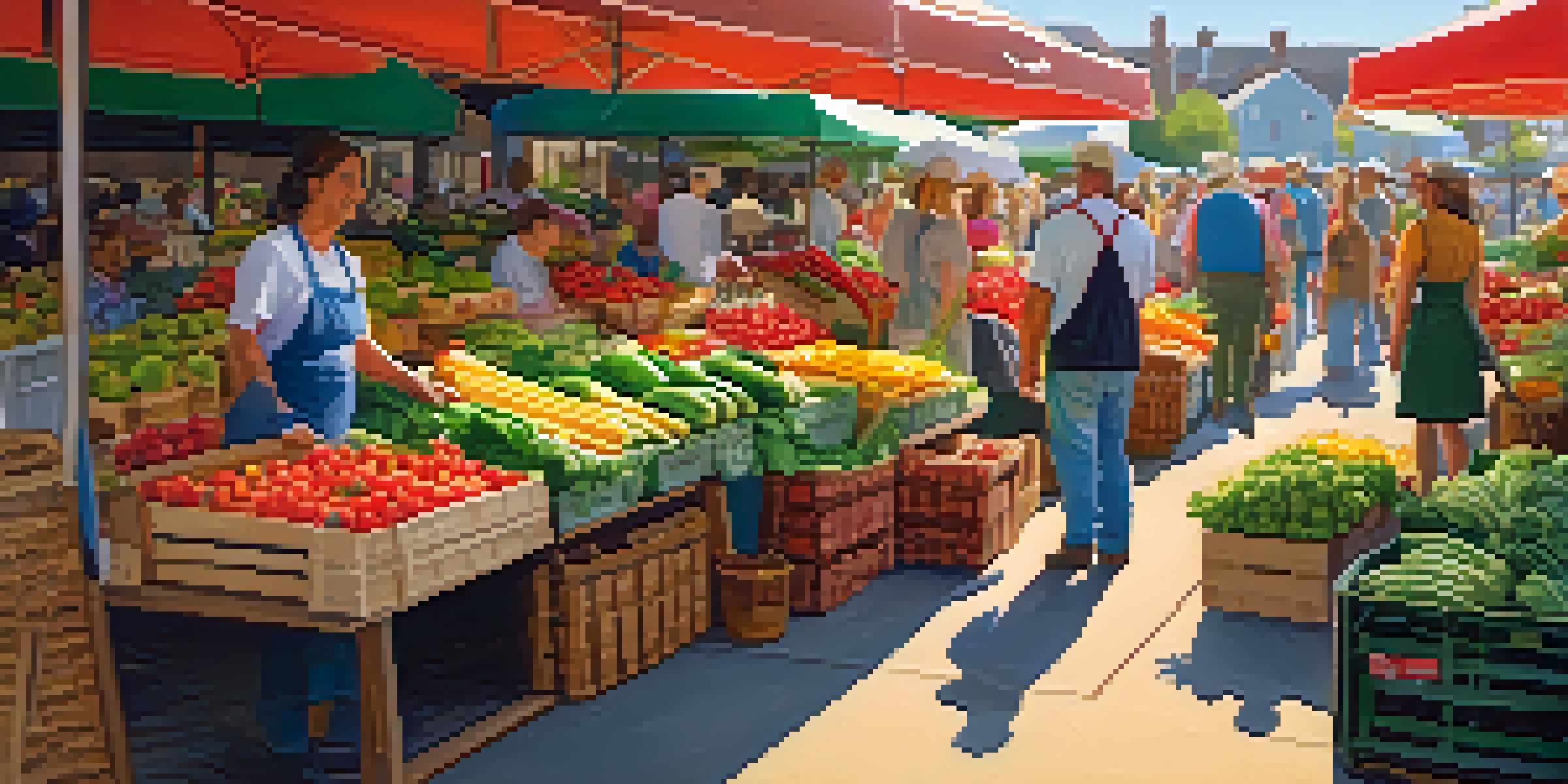 A lively farmer's market with colorful fruits and vegetables, including strawberries, leafy greens, and corn, under warm sunlight.