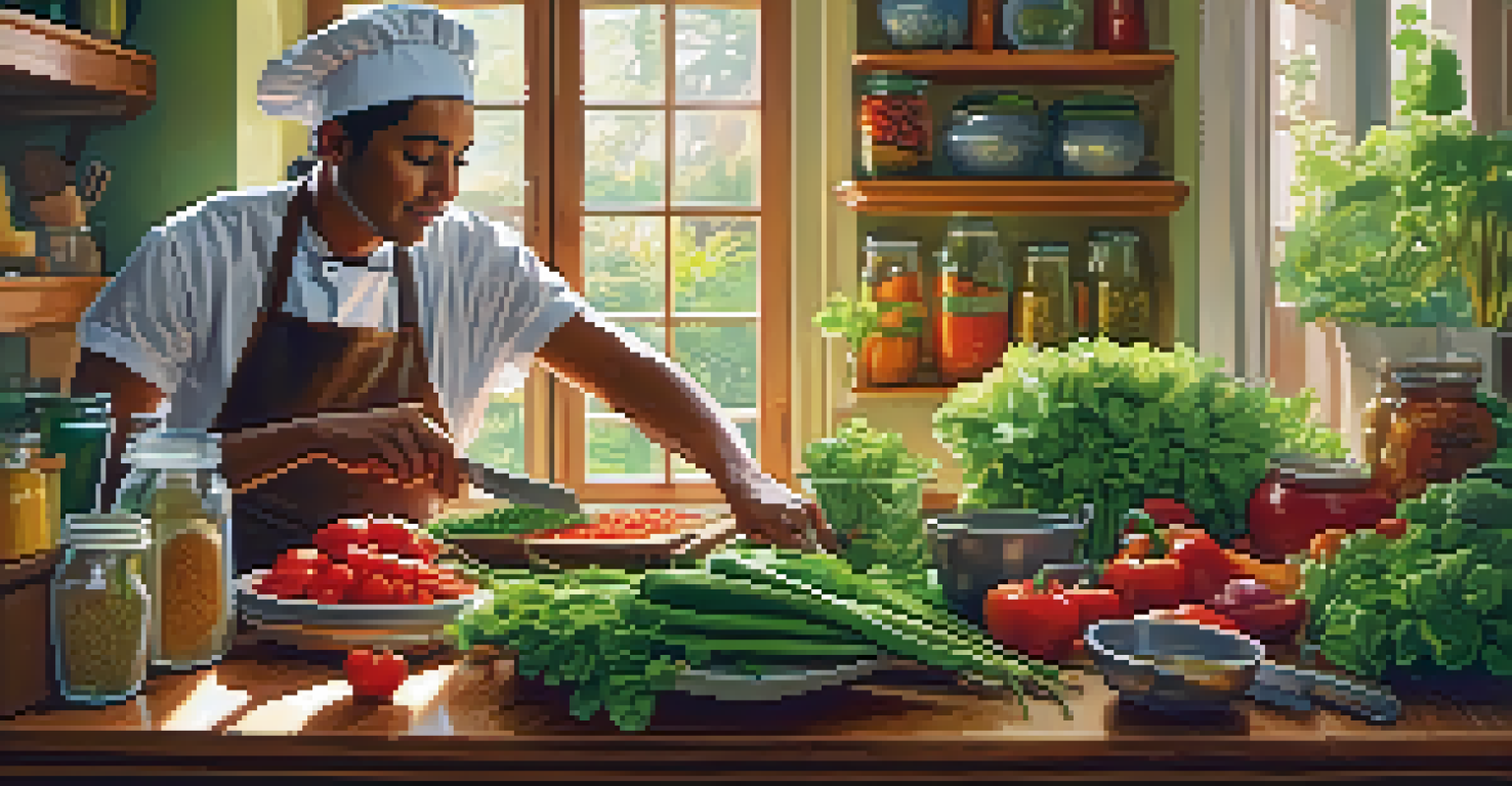A vegetarian chef chopping vegetables in a cozy kitchen filled with plants and sunlight.