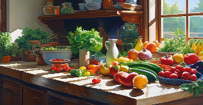 A brightly lit kitchen with fresh vegetables and fruits on a wooden cutting board, showcasing a healthy cooking environment.