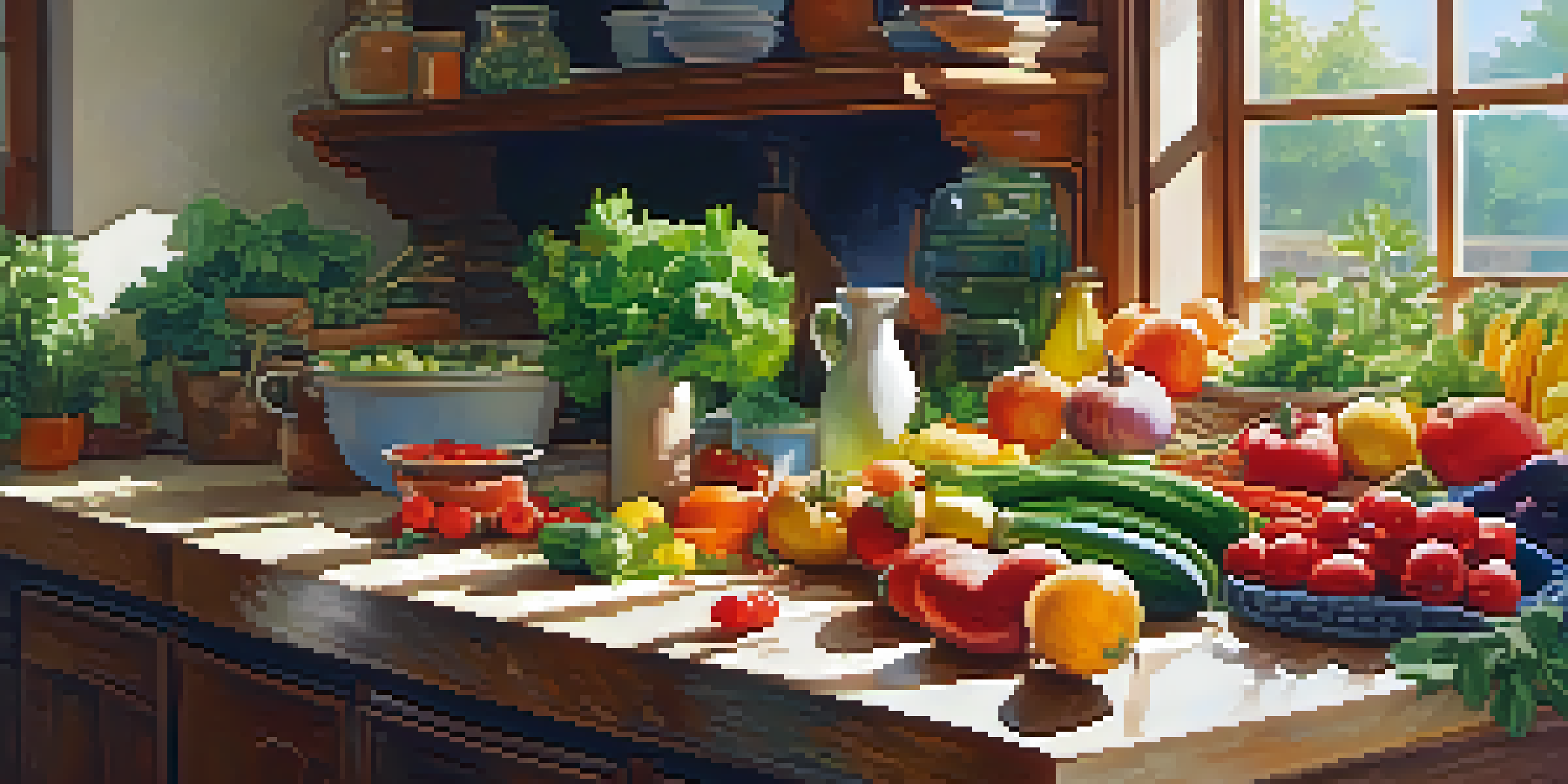 A brightly lit kitchen with fresh vegetables and fruits on a wooden cutting board, showcasing a healthy cooking environment.