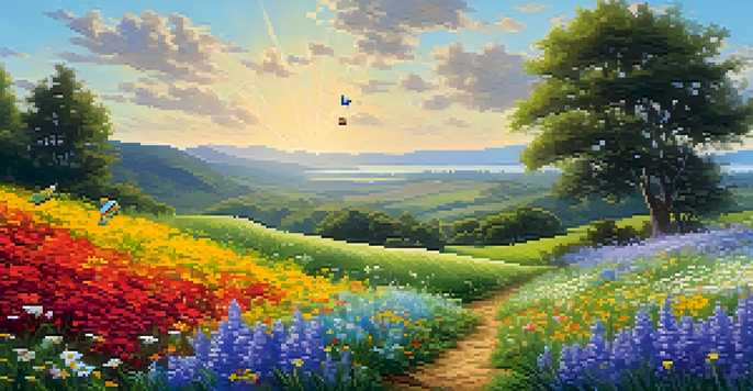 A colorful field of wildflowers under a blue sky, with butterflies, representing biodiversity.