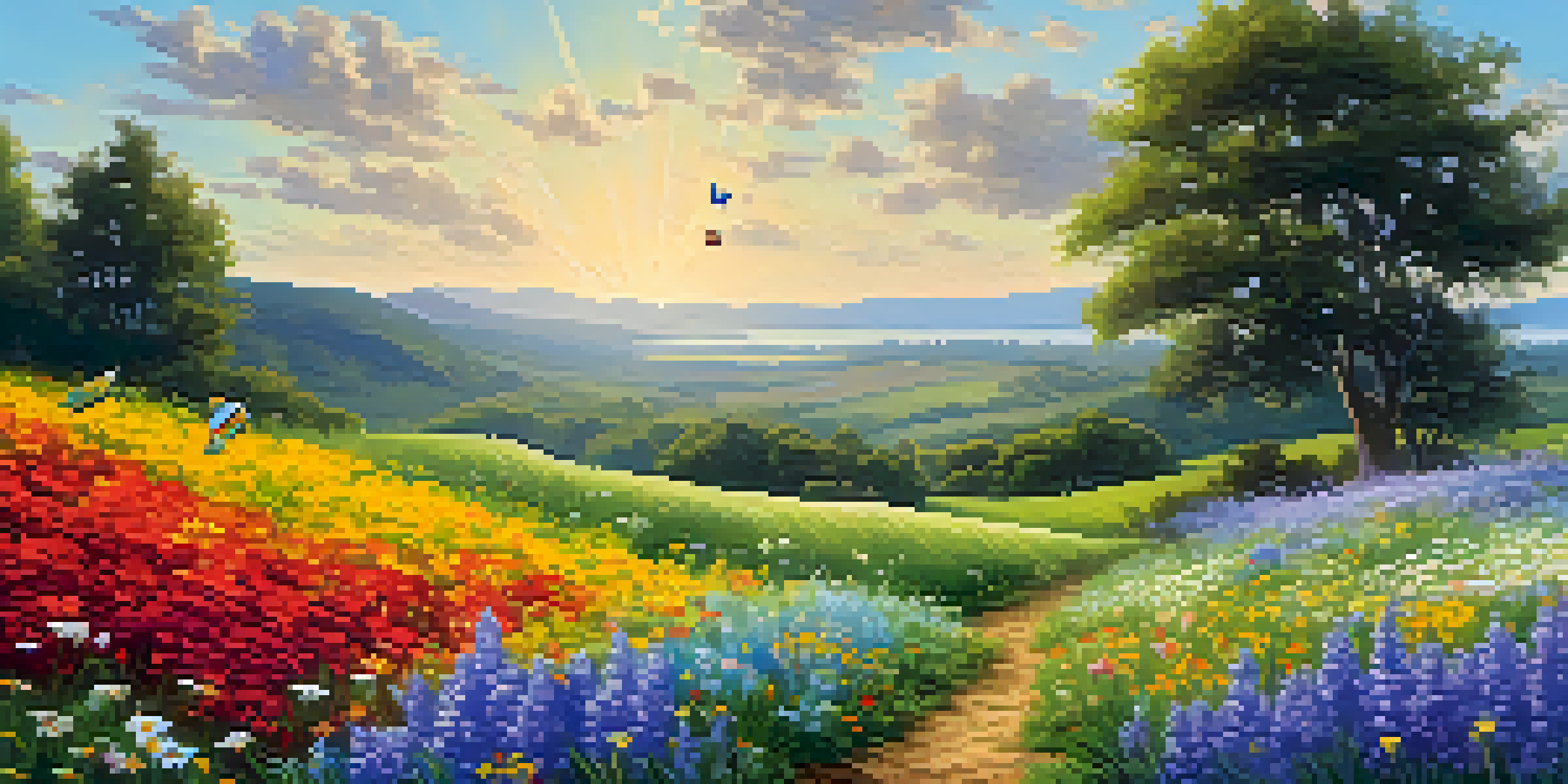 A colorful field of wildflowers under a blue sky, with butterflies, representing biodiversity.