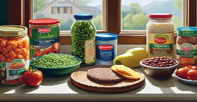 A kitchen counter filled with bright and healthy vegetarian convenience foods alongside fresh vegetables, illuminated by natural sunlight.