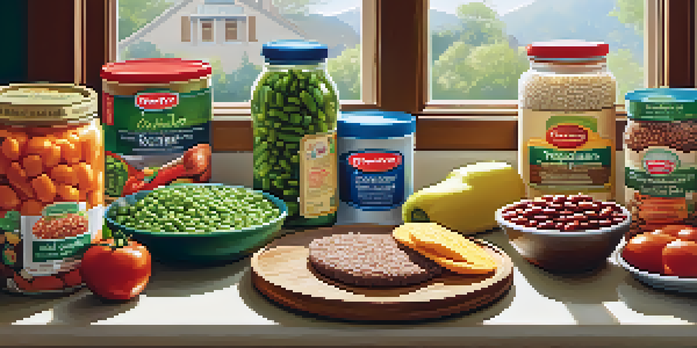 A kitchen counter filled with bright and healthy vegetarian convenience foods alongside fresh vegetables, illuminated by natural sunlight.