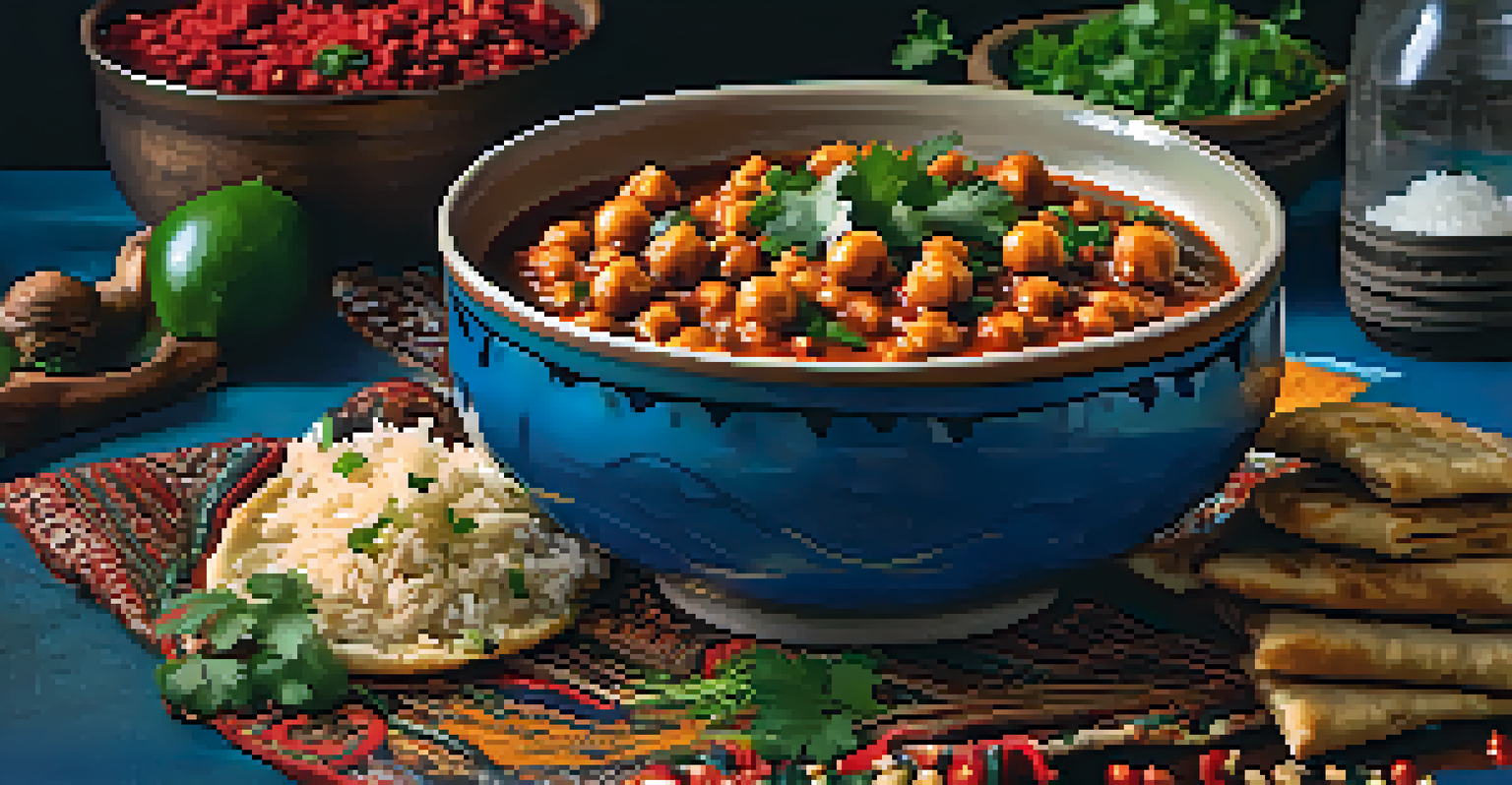 A bowl of chana masala with chickpeas in tomato sauce, accompanied by basmati rice and naan, displayed on a blue plate with Indian textile background.