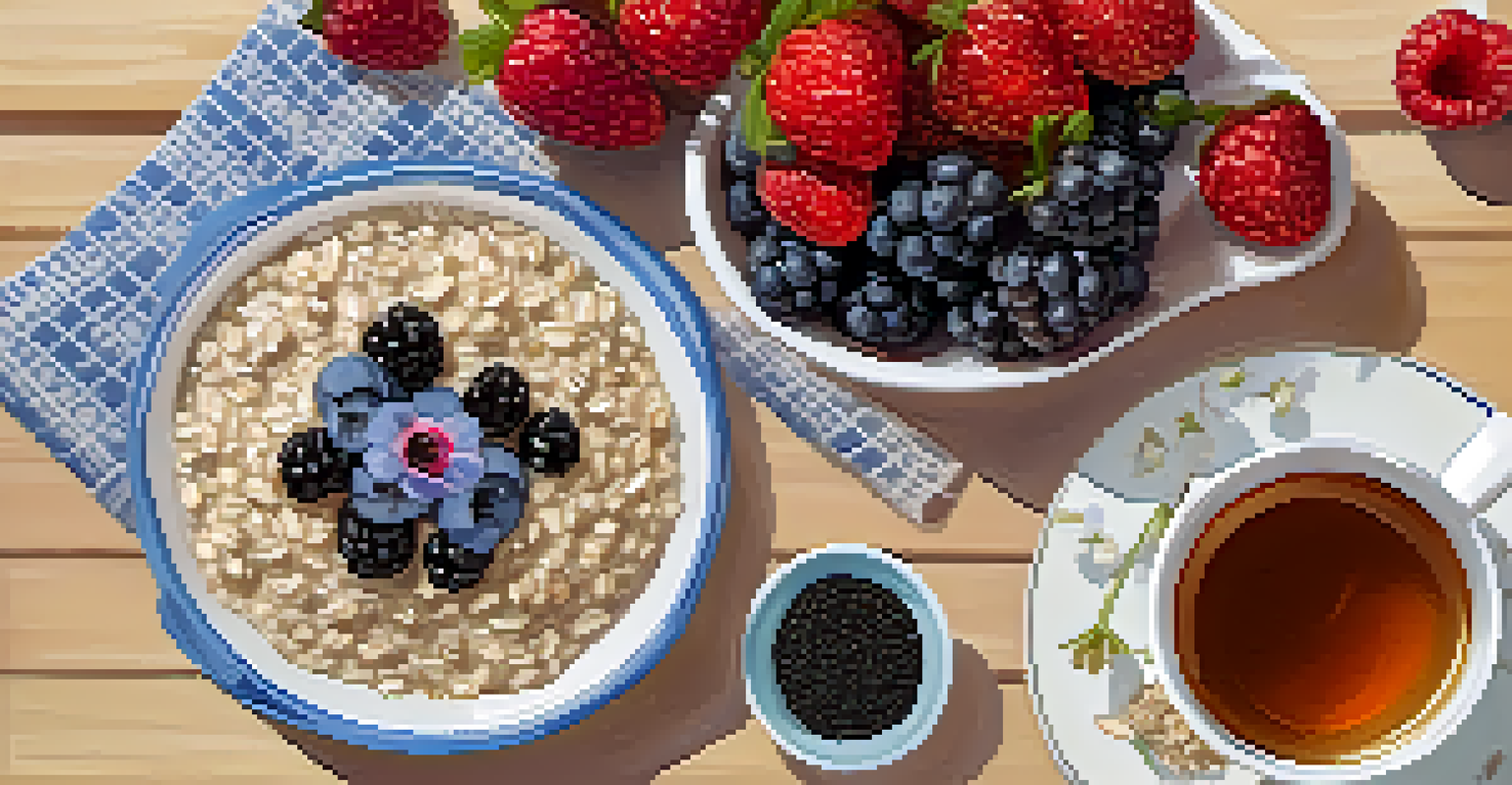 An overhead view of oatmeal topped with chia seeds and almonds, accompanied by fresh berries and a cup of herbal tea on a vibrant tablecloth.
