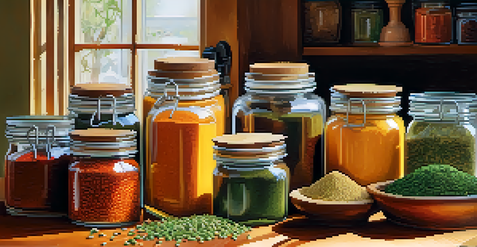 A kitchen countertop filled with colorful spice jars and fresh herbs, illuminated by natural light.
