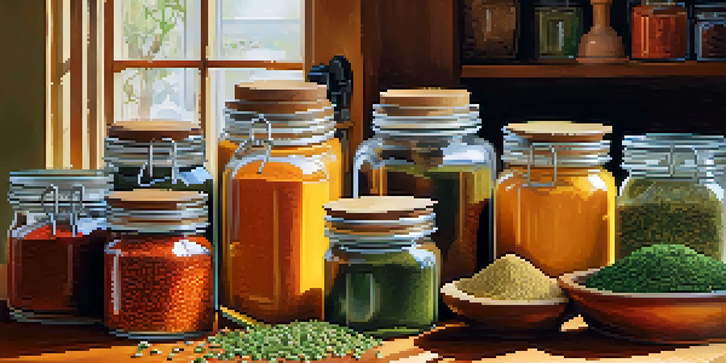 A kitchen countertop filled with colorful spice jars and fresh herbs, illuminated by natural light.