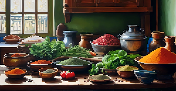 A lively Indian kitchen with fresh vegetables and spices on a wooden countertop, illuminated by soft natural light.