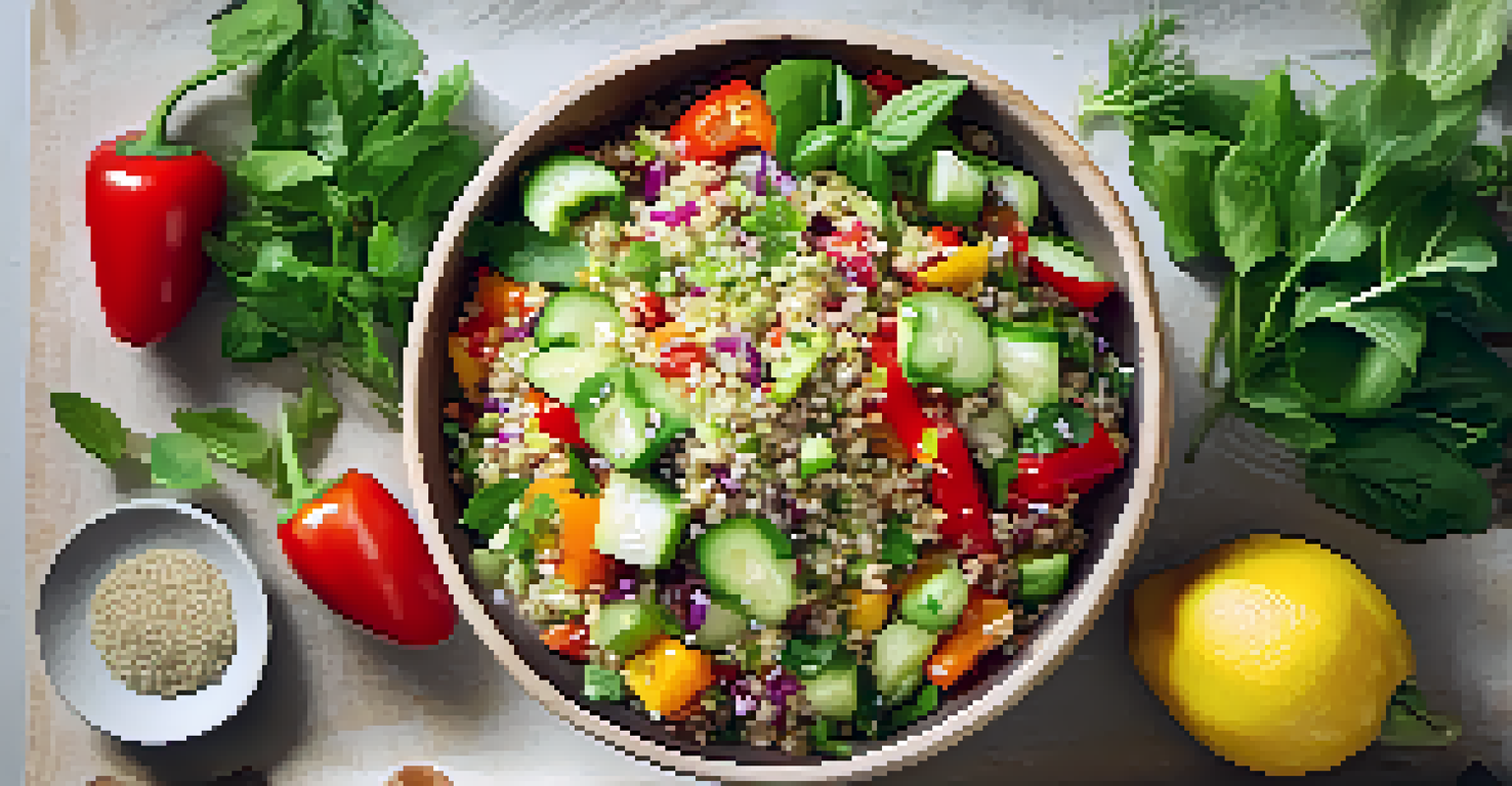 A colorful quinoa salad with bell peppers and cucumbers in a white bowl, set in a bright and airy environment.