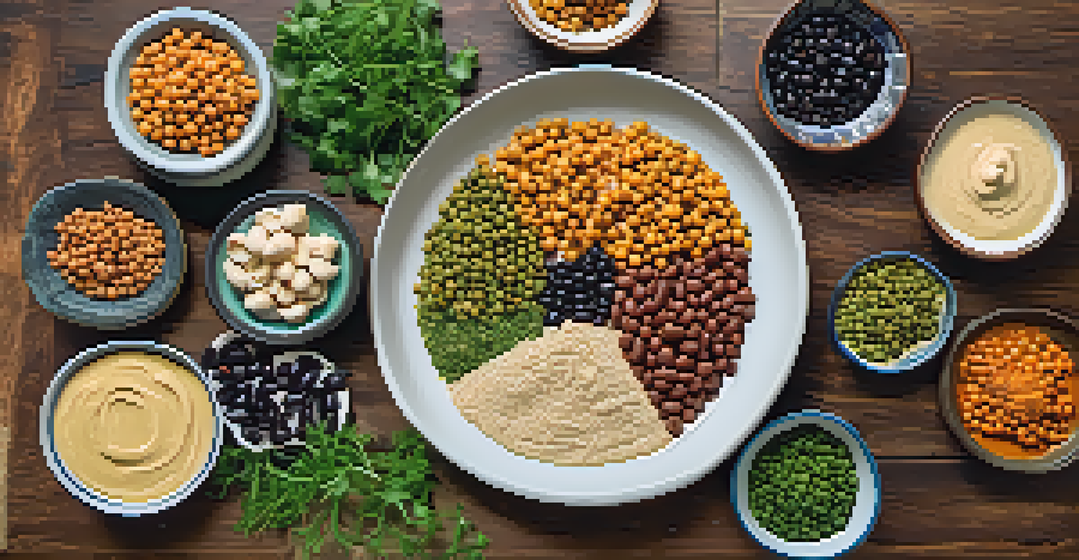 An overhead view of a platter with assorted legumes, a bowl of hummus, and pita bread on a textured wooden table.