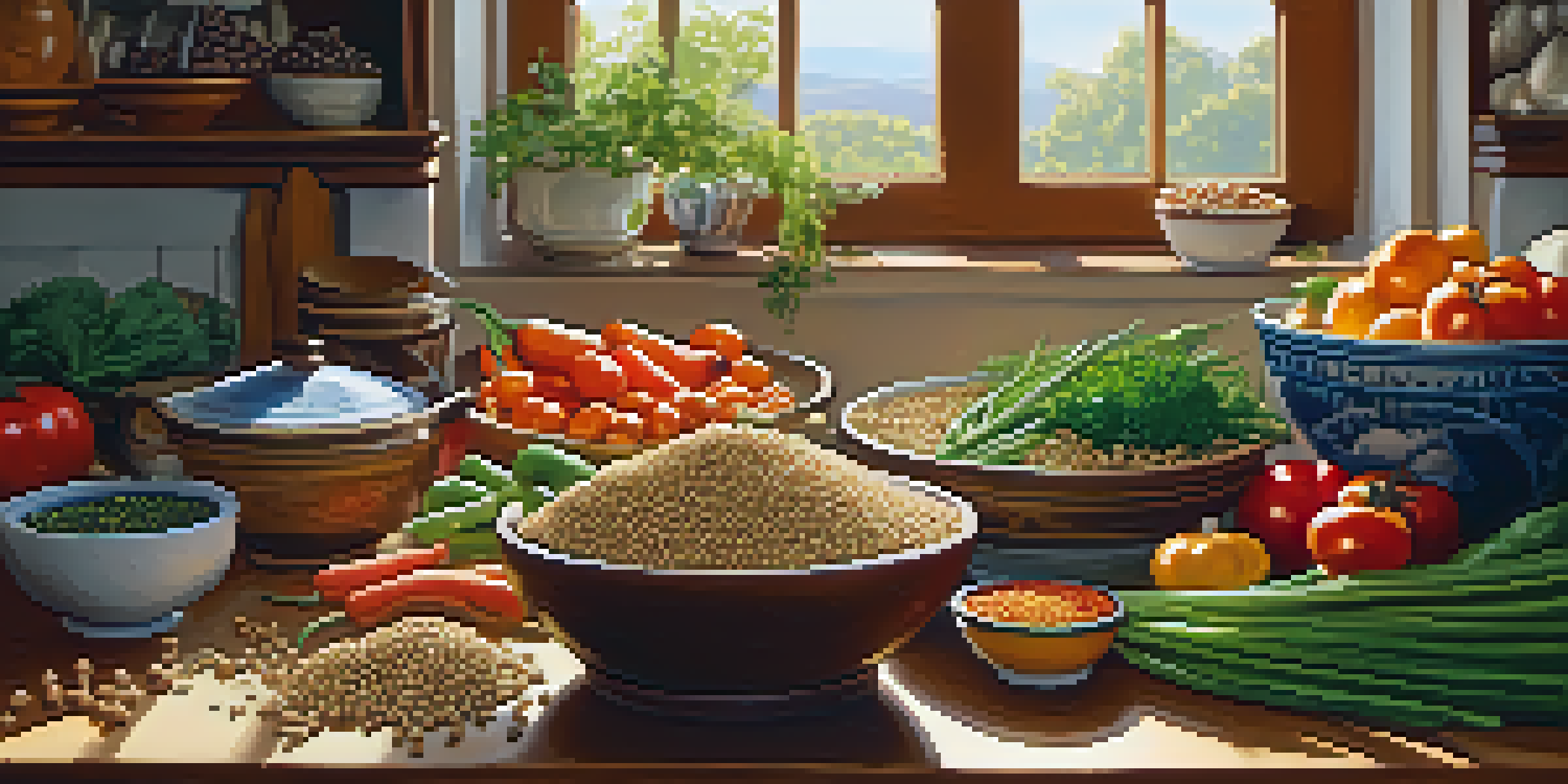 A bright kitchen with fresh vegetables and grains on a wooden countertop, including chickpeas and lentils, illuminated by sunlight.
