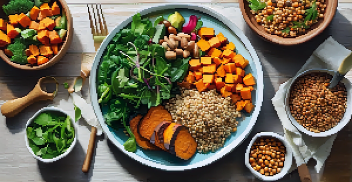 A colorful vegetarian meal on a wooden table, showcasing quinoa, roasted sweet potatoes, leafy greens, and chickpea salad with fresh herbs.
