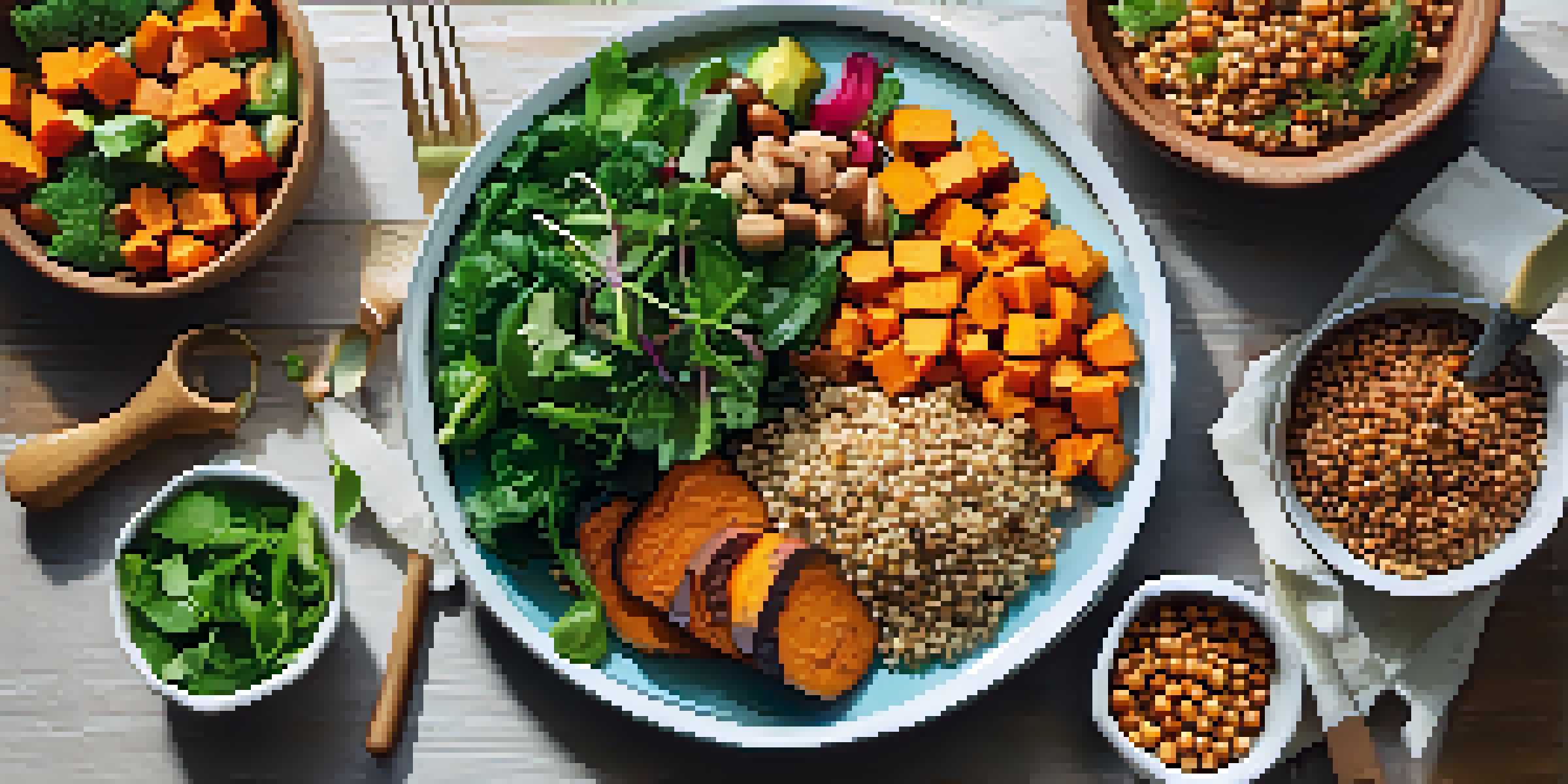 A colorful vegetarian meal on a wooden table, showcasing quinoa, roasted sweet potatoes, leafy greens, and chickpea salad with fresh herbs.