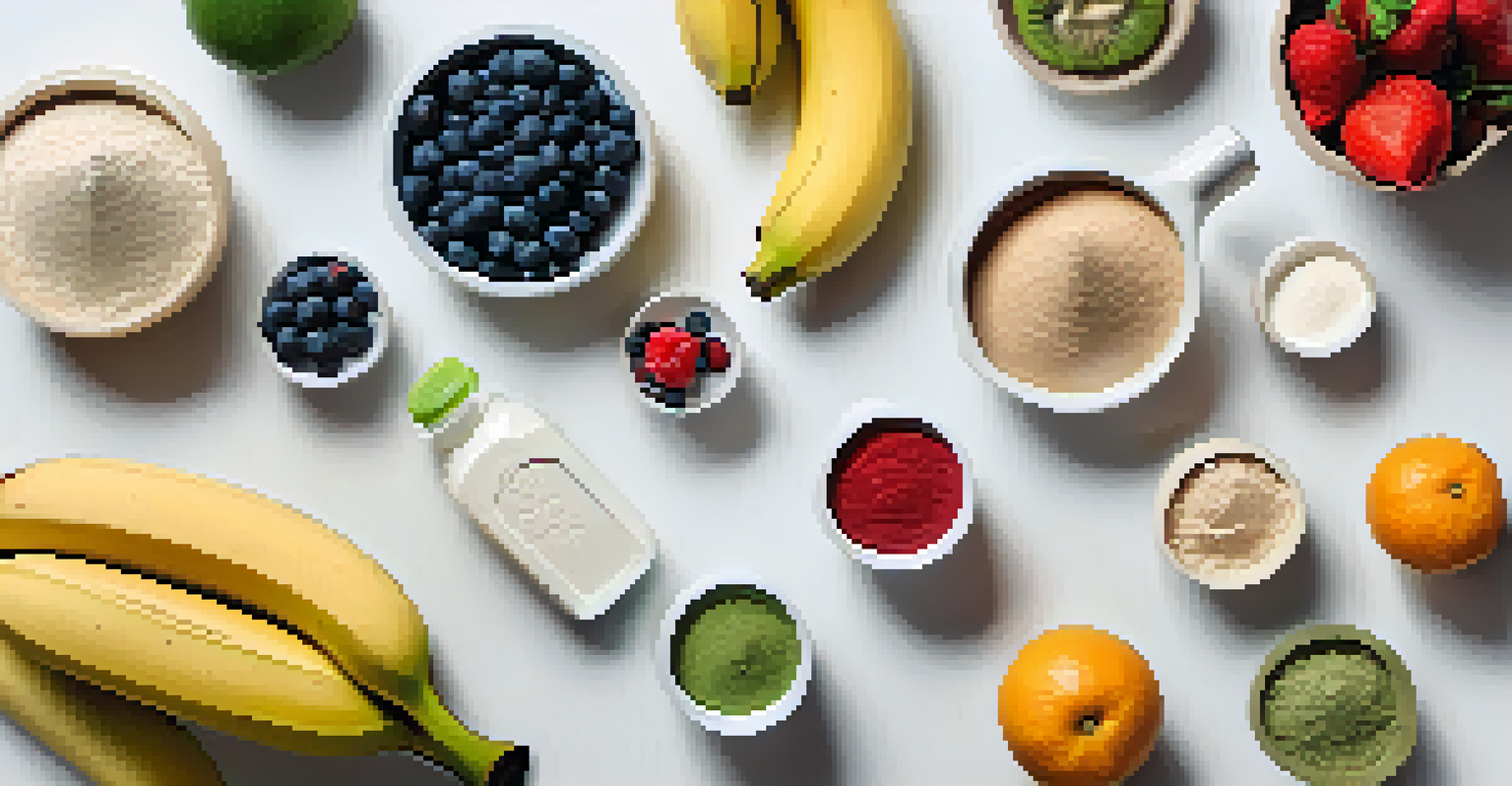 A flat lay of plant-based protein supplements with fresh fruits on a textured white background.