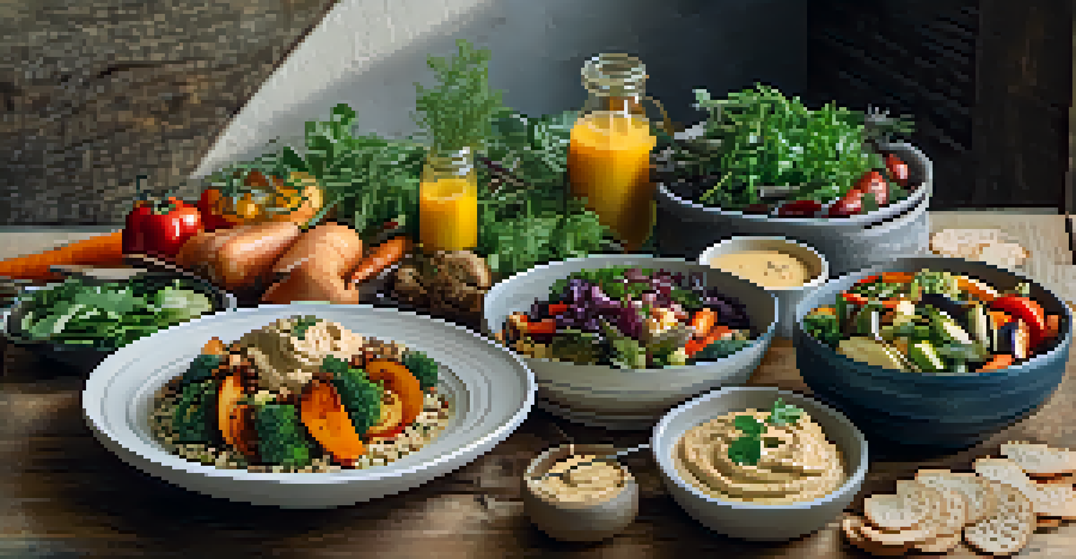 A table with a vegetarian meal featuring roasted vegetables, quinoa salad, and hummus, surrounded by rustic decor.