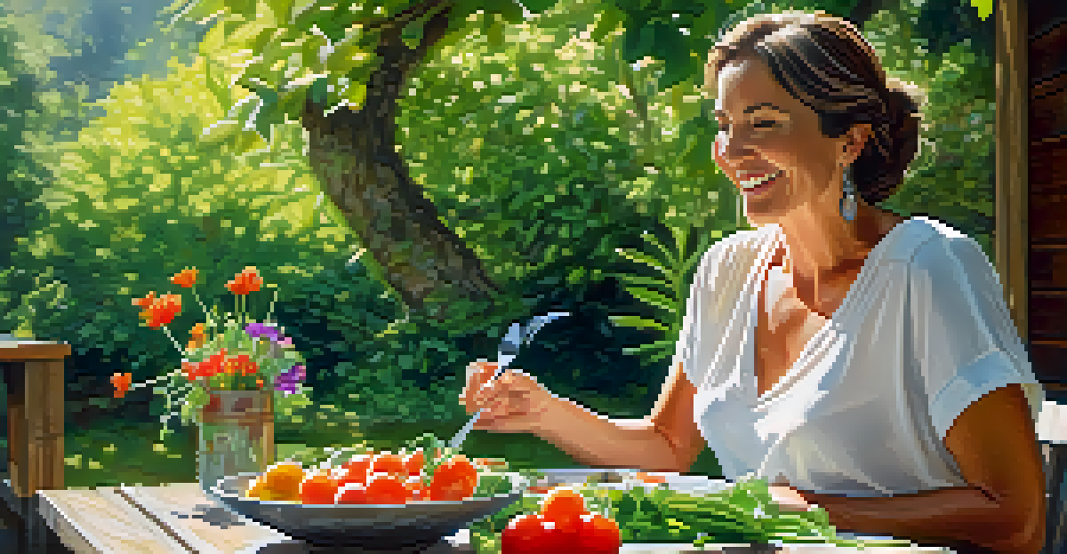 A woman eating a vegetable wrap at a rustic table in a lush garden, with sunlight filtering through leaves.