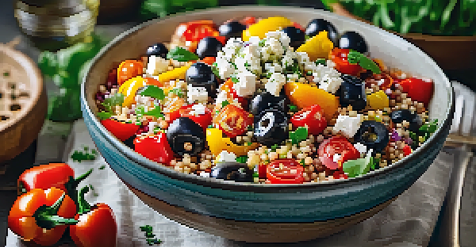 A colorful Mediterranean quinoa salad in a rustic bowl with shrimp, vegetables, and herbs, set in a sunlit kitchen.
