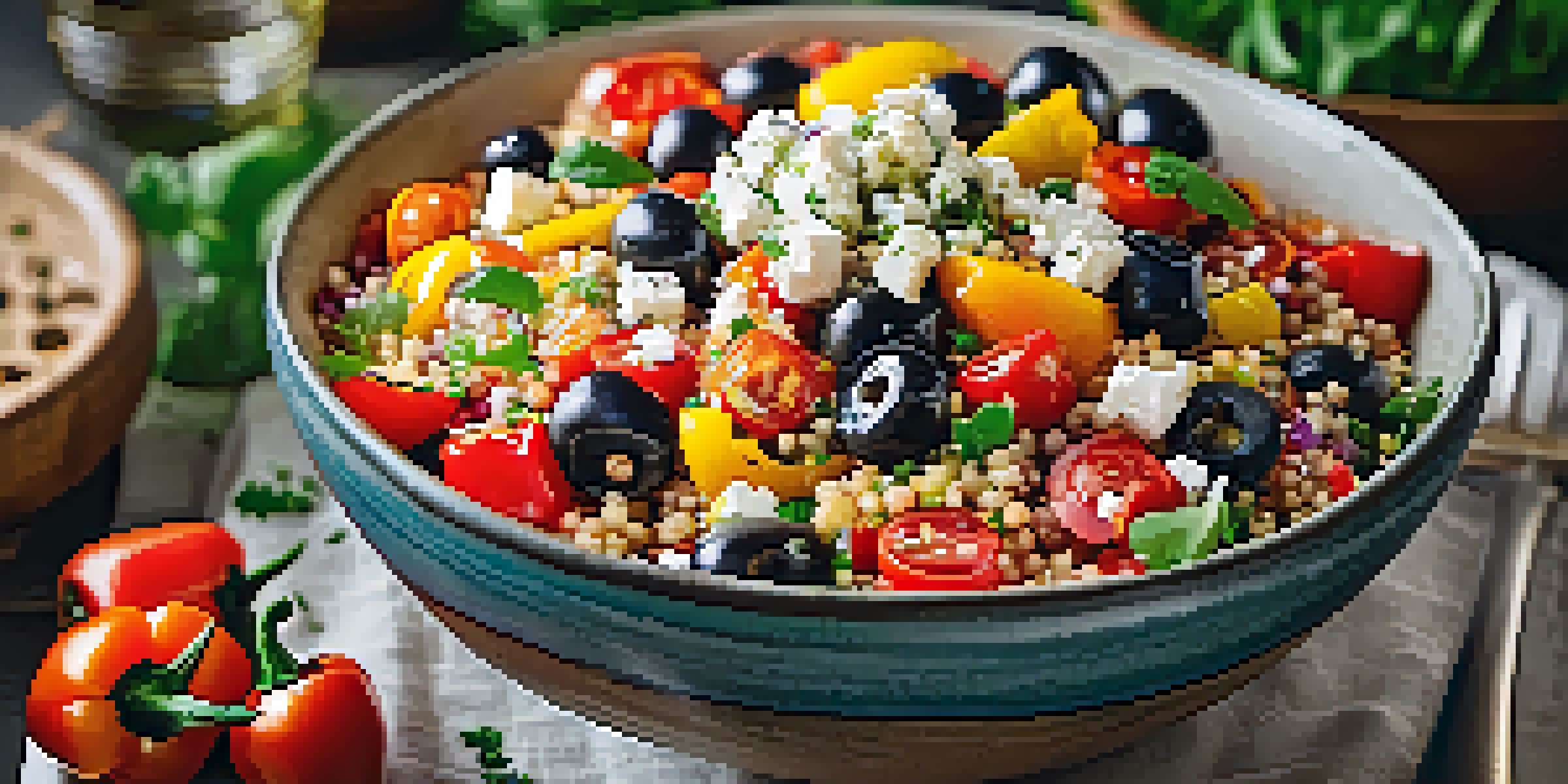 A colorful Mediterranean quinoa salad in a rustic bowl with shrimp, vegetables, and herbs, set in a sunlit kitchen.