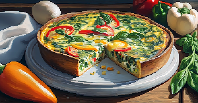 A vibrant veggie frittata with bell peppers and spinach, sliced into wedges on a wooden table, garnished with herbs.