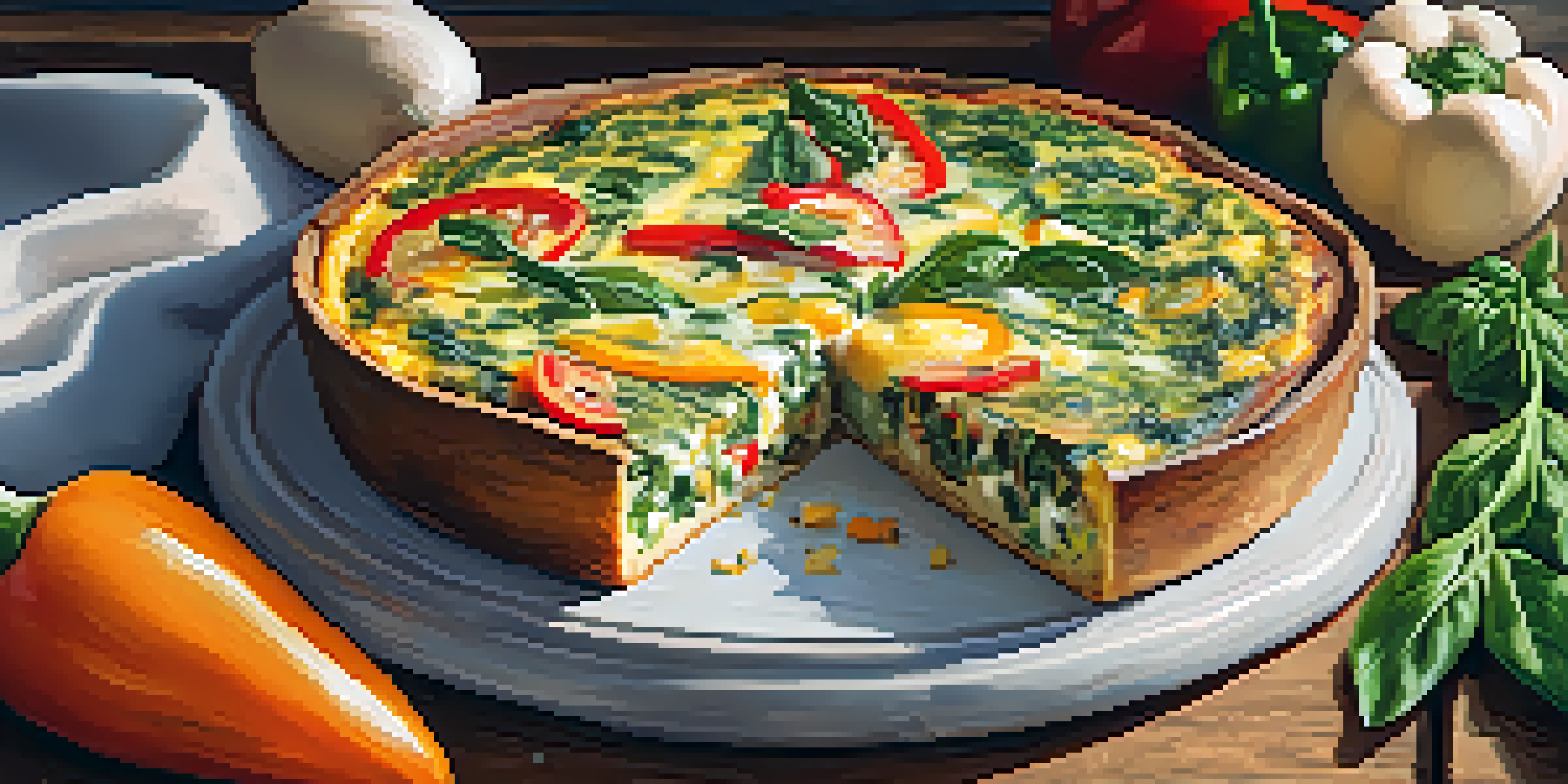 A vibrant veggie frittata with bell peppers and spinach, sliced into wedges on a wooden table, garnished with herbs.