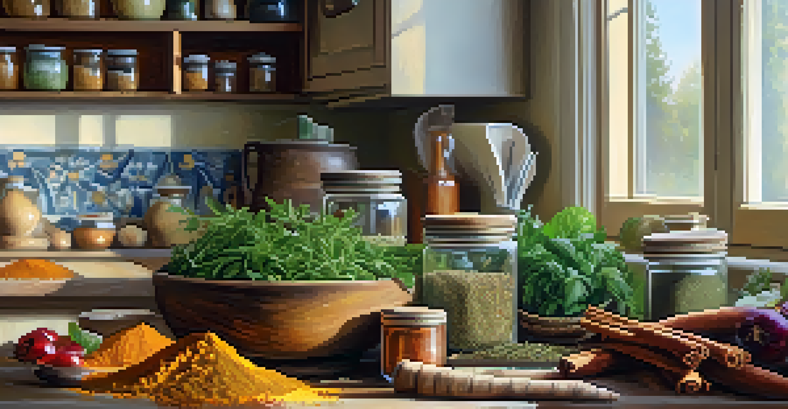 A kitchen countertop with jars of spices and herbs alongside fresh fruits and vegetables, illuminated by soft sunlight.