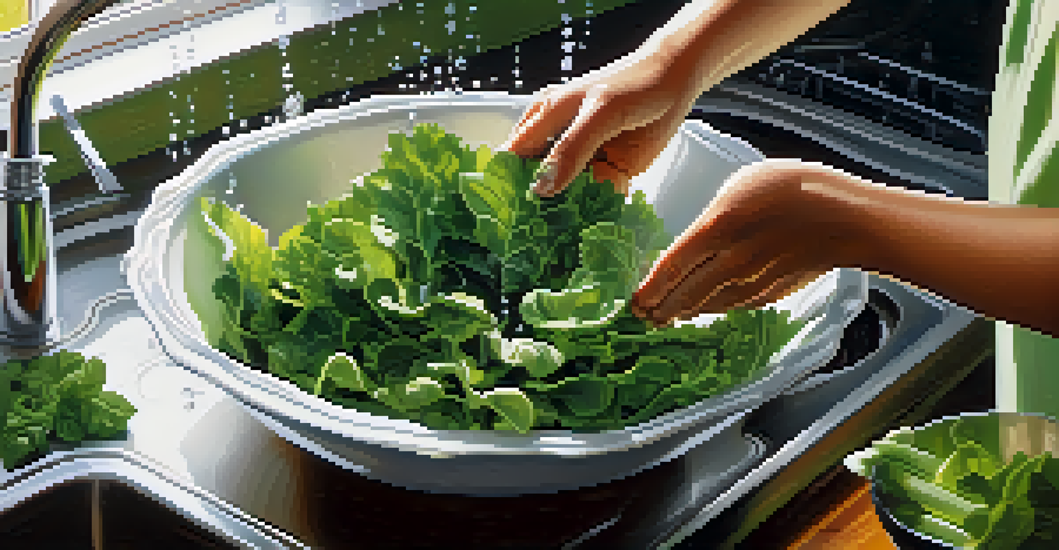 Close-up of hands washing leafy greens in a bowl, with water droplets splashing and a bright kitchen background.