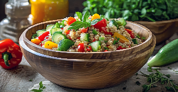 A colorful quinoa salad in a wooden bowl with various vegetables and herbs on a rustic kitchen table.