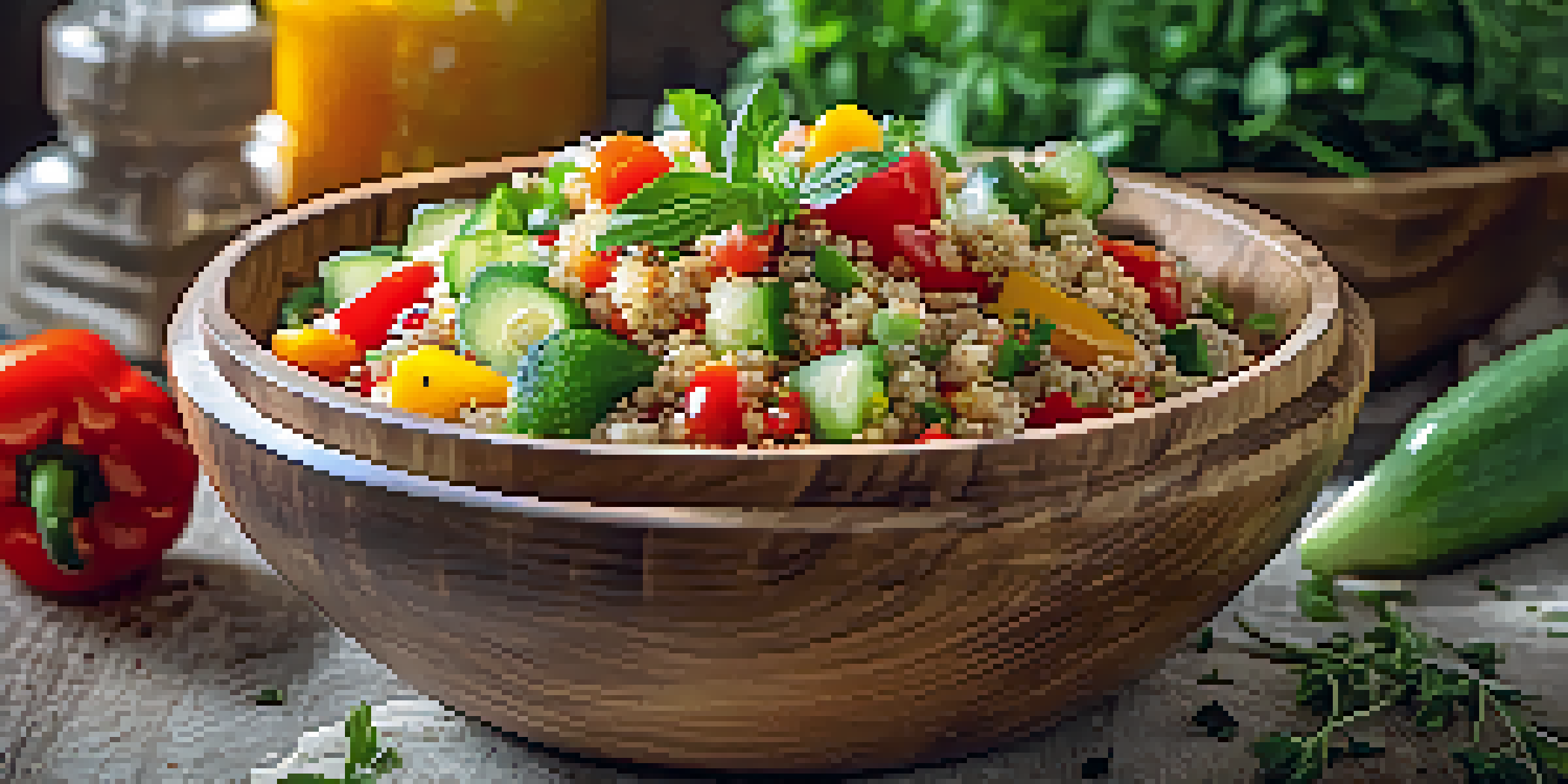 A colorful quinoa salad in a wooden bowl with various vegetables and herbs on a rustic kitchen table.