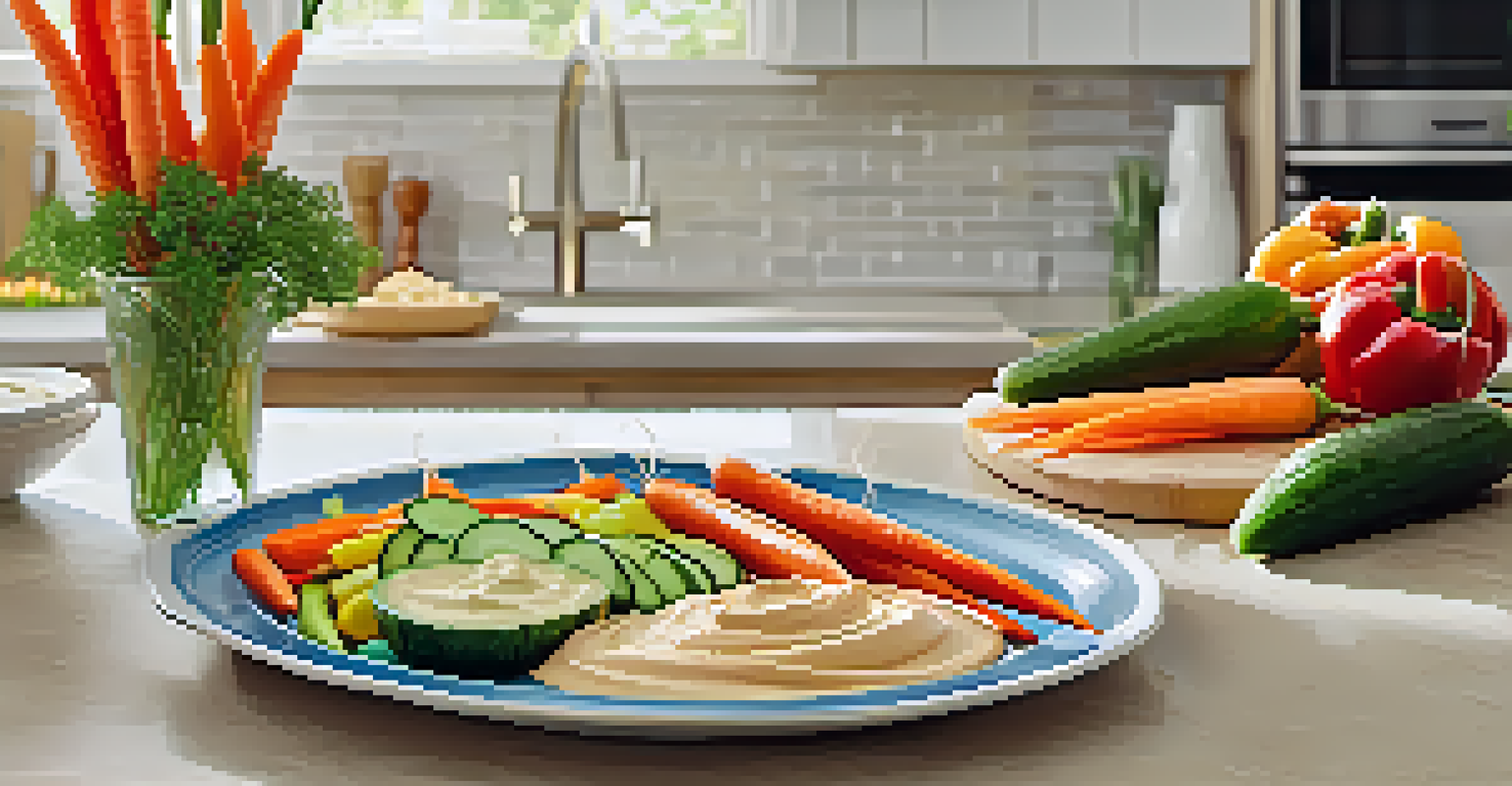 A plate of colorful veggie sticks next to a bowl of creamy hummus, set on a bright kitchen countertop.