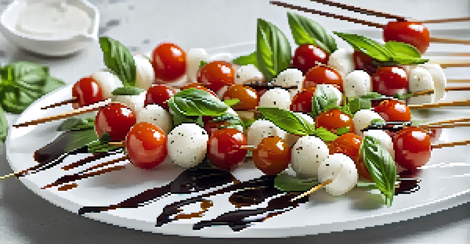 Caprese skewers with cherry tomatoes, mozzarella, and basil, drizzled with balsamic glaze on a white platter.