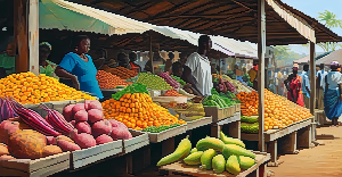 A lively African market filled with fresh vegetables and fruits, showcasing colorful stalls and a warm, sunny atmosphere.