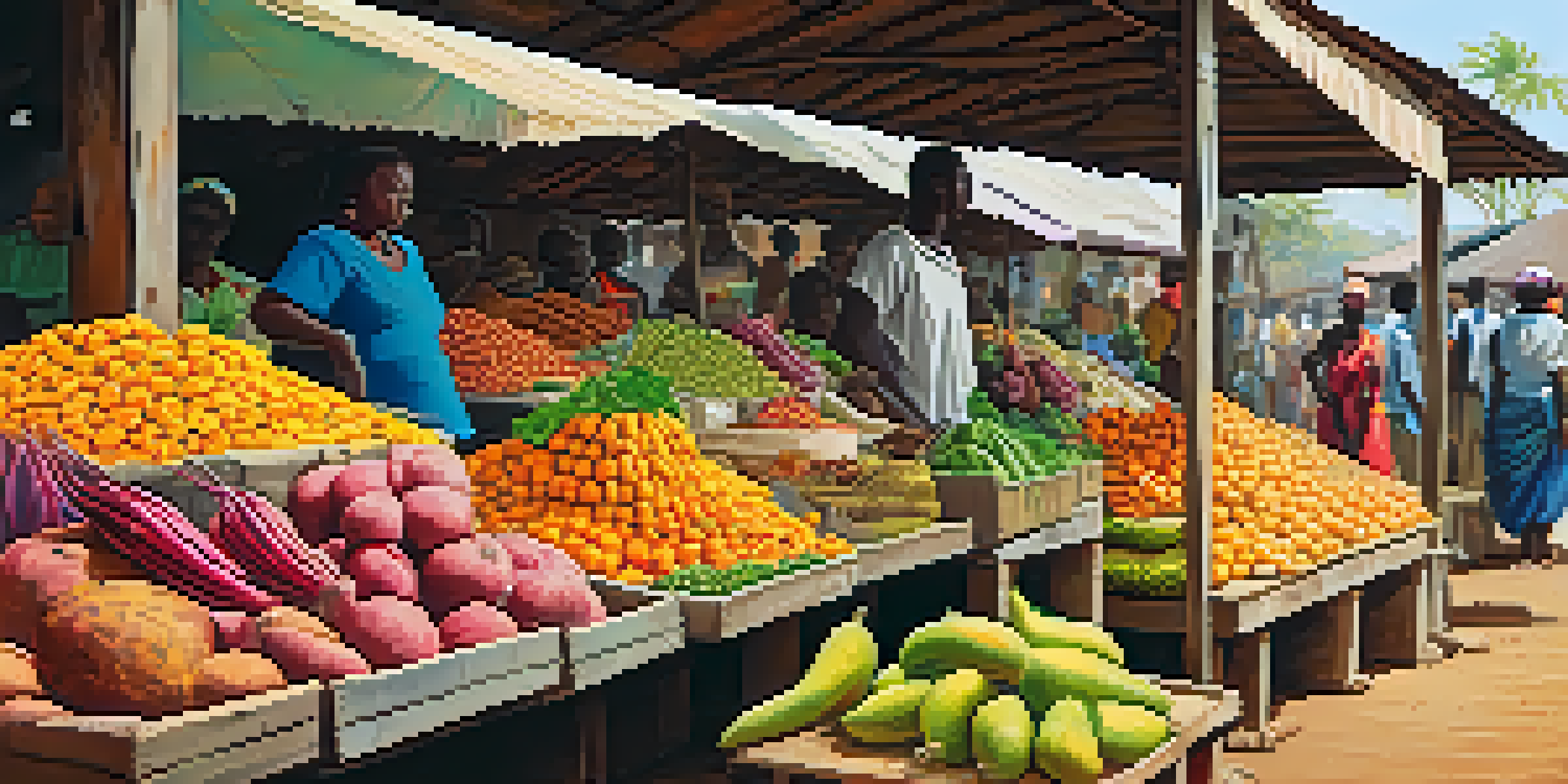 A lively African market filled with fresh vegetables and fruits, showcasing colorful stalls and a warm, sunny atmosphere.